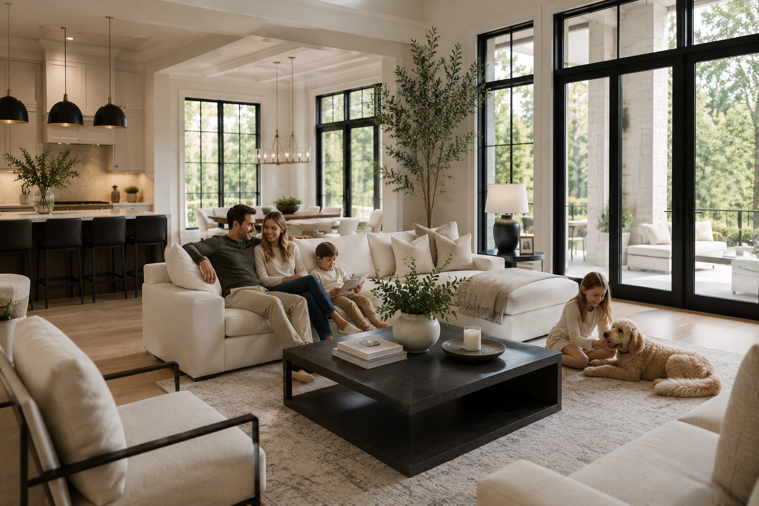 A family relaxing together in a bright, immaculately kept living room
