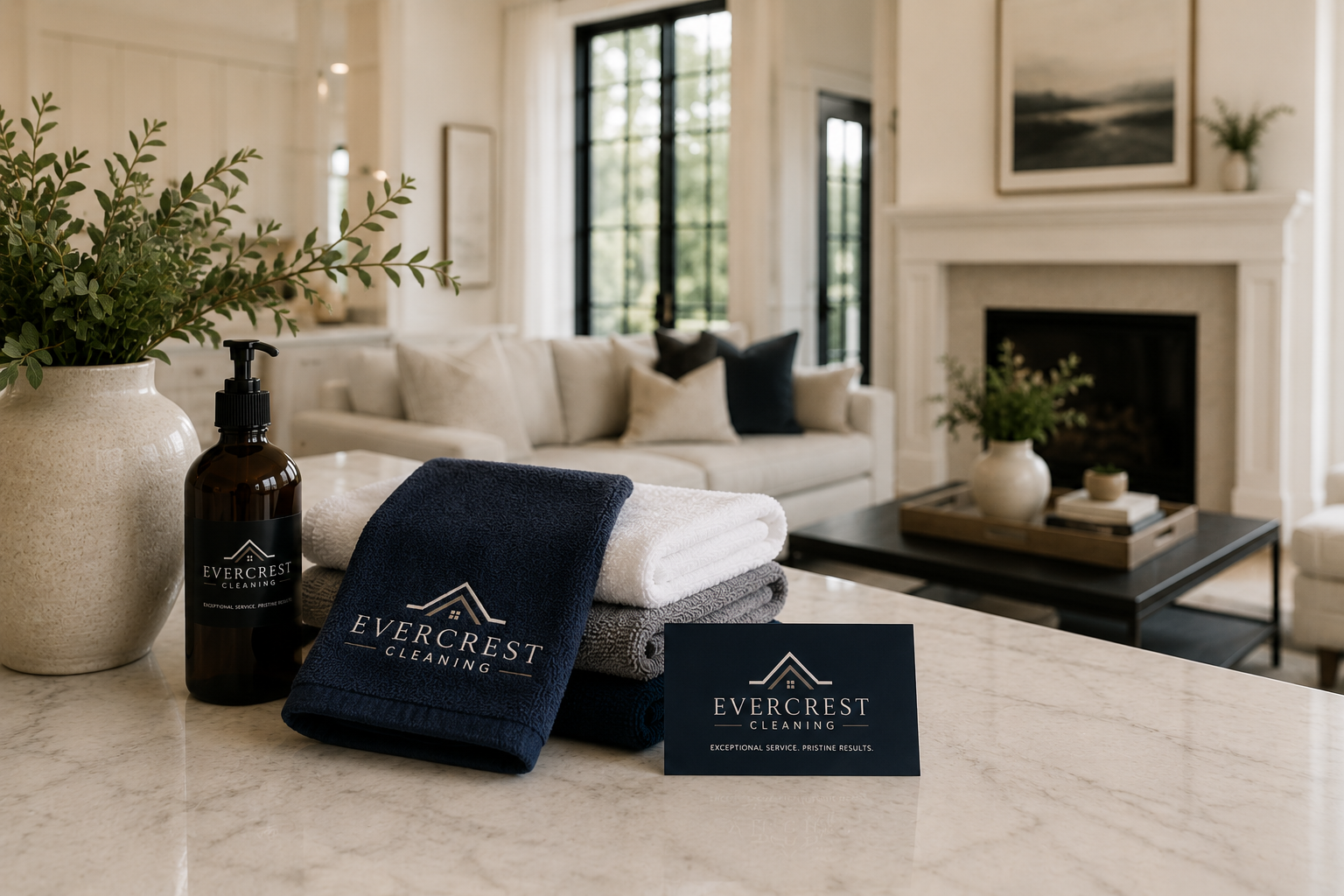 Evercrest branded linens and amenities in a marble kitchen