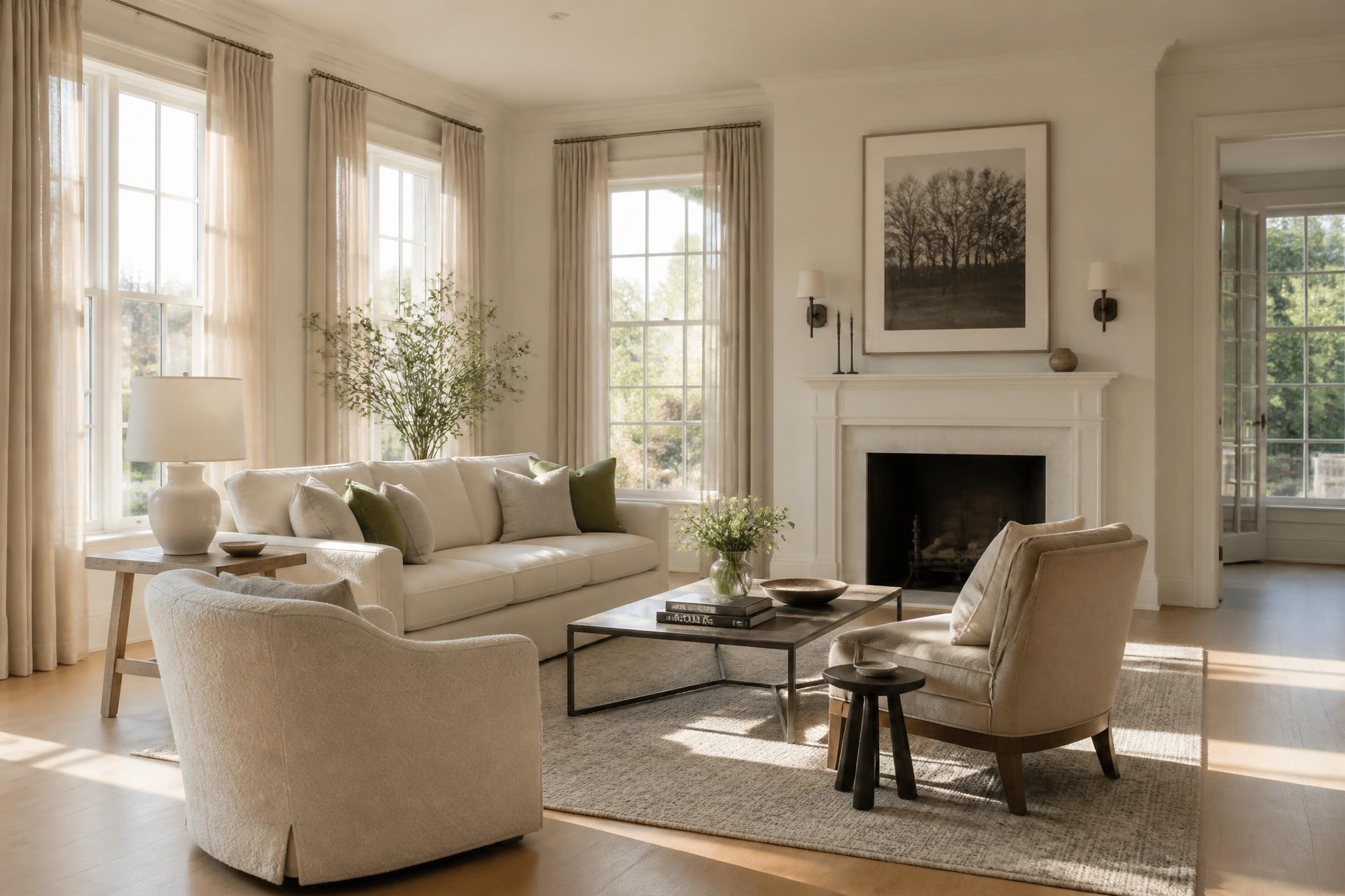 Sunlit living room of a luxury Main Line home