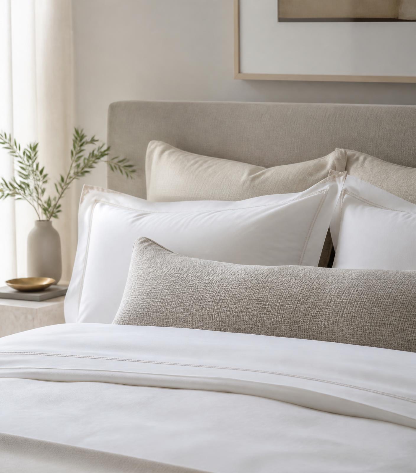Crisp white linens in a calm, minimalist bedroom